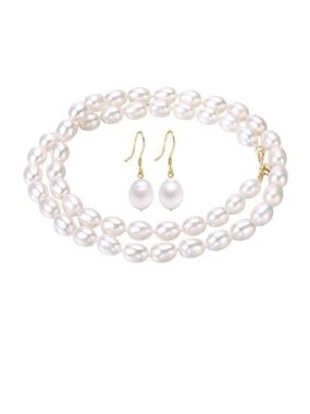 6-7mm Hand Strung Natural Rice Pearl Necklace Earring Set